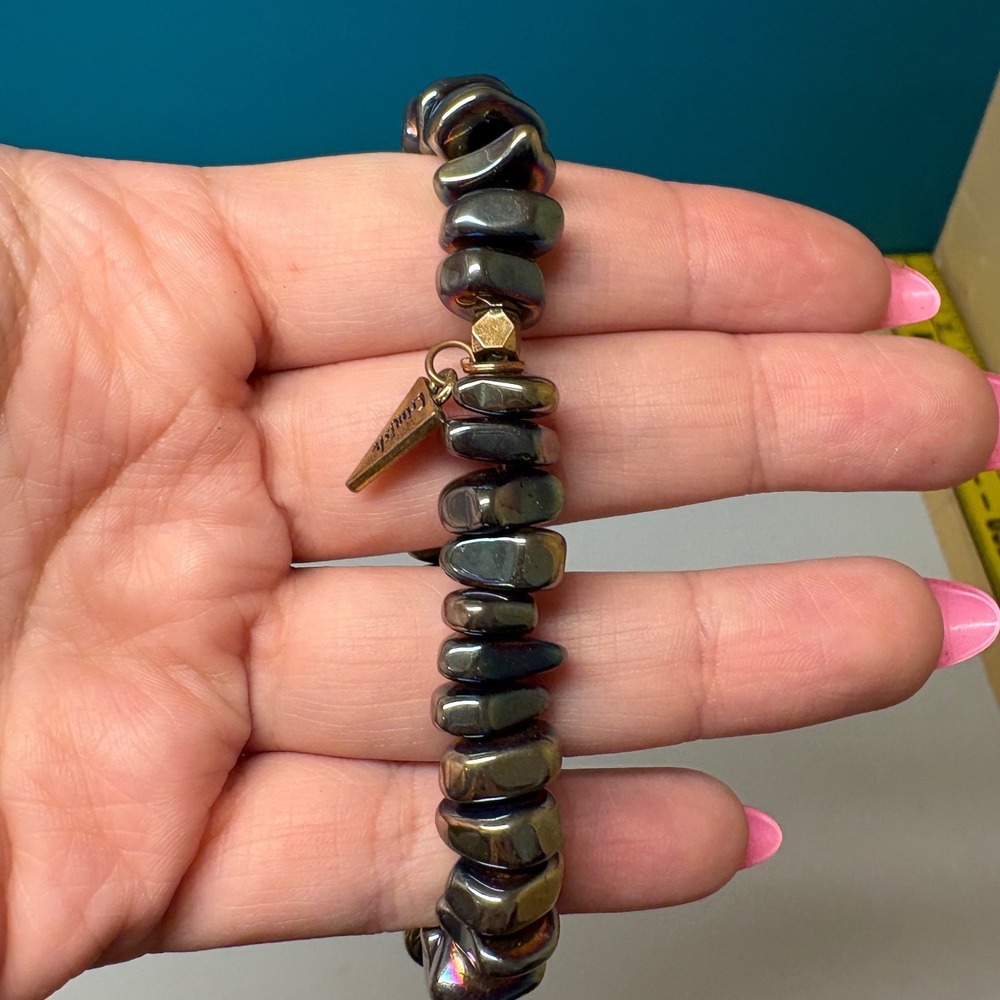 Erimish Iridescent Hematite Stone Nugget Stretch Bracelet Rose Gold Pave Bead